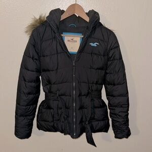Hollister Black Puffer Jacket with Faux Fur Hood